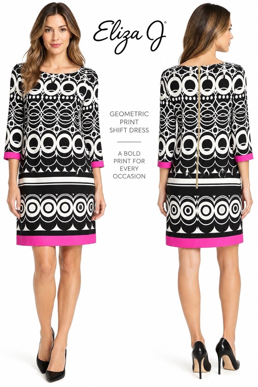 NWT Mod Retro Geometric Border Print Shift Dress Eliza J Pink Black White 14